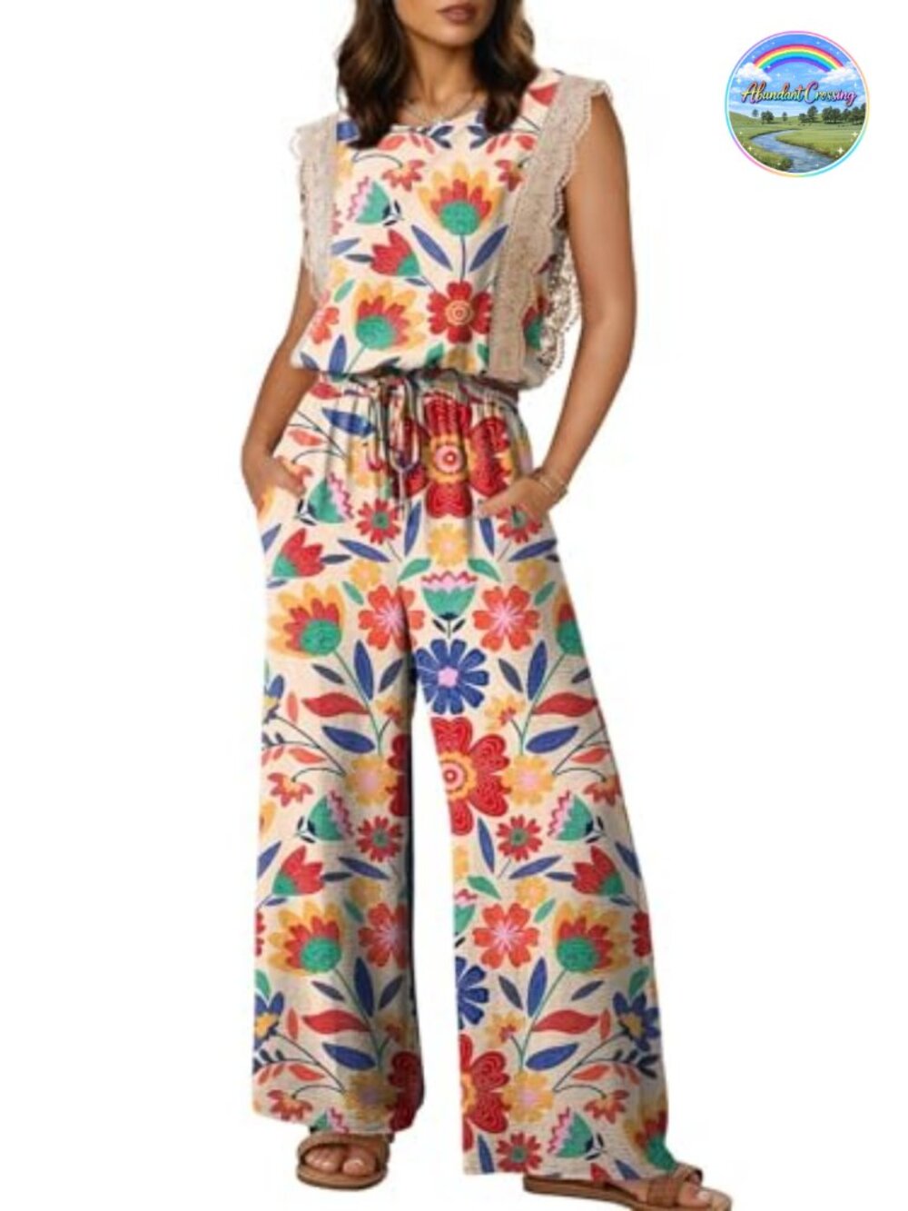 Womens Lace Cap Sleeve Wide Leg Jumpsuit Romper Crewneck Pockets